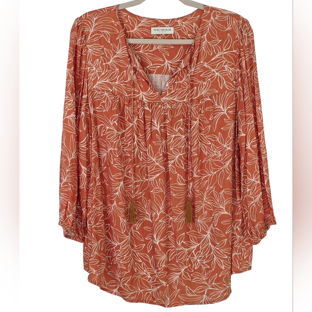 Skies Are Blue Peasant Blouse Botanical Print Split-Neck 3/4 Sleeve | Size 1X
